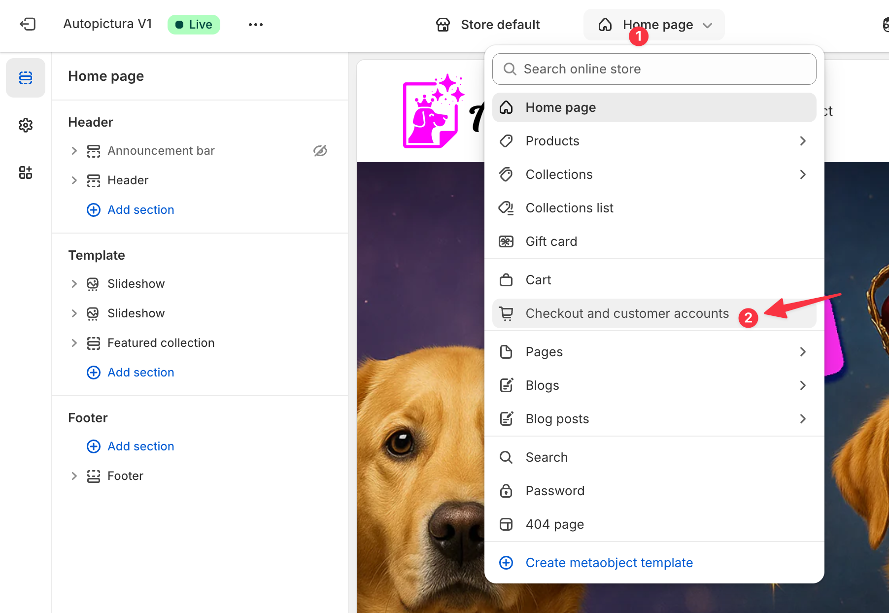 Selecting the order status or thank you template in the theme editor