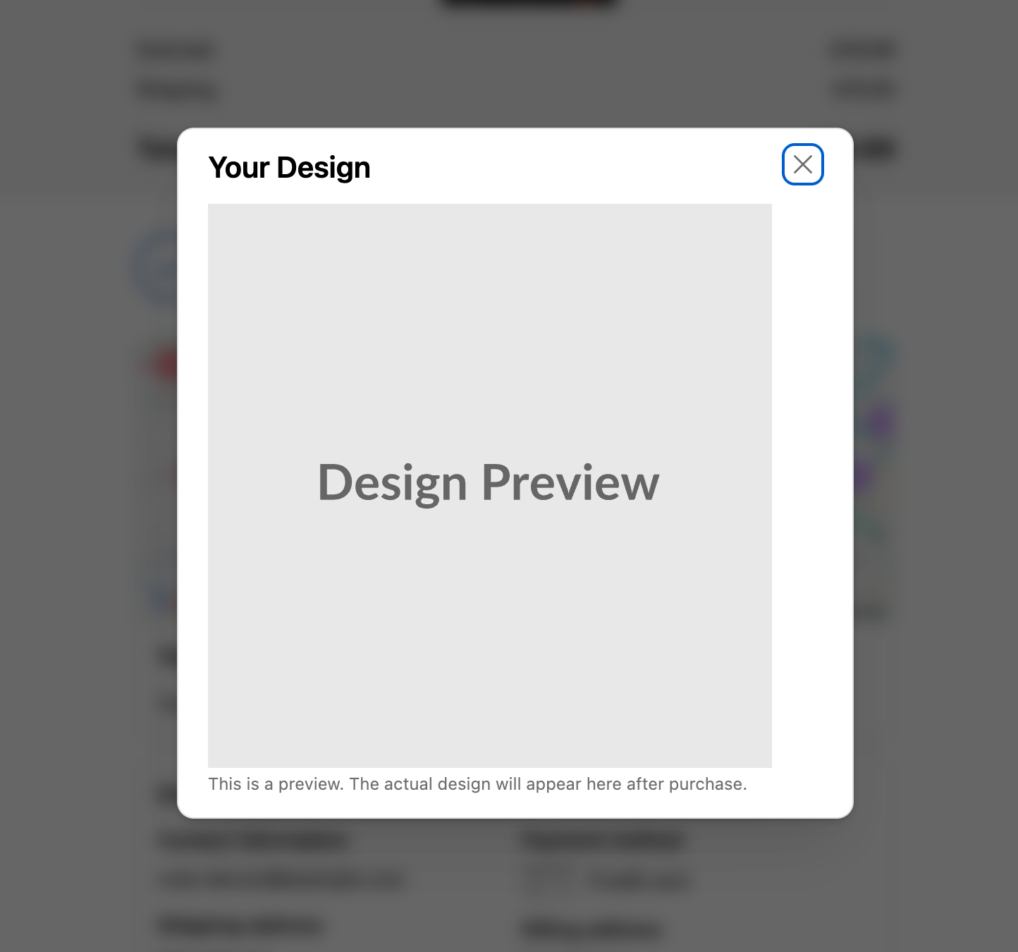 Modal showing the design