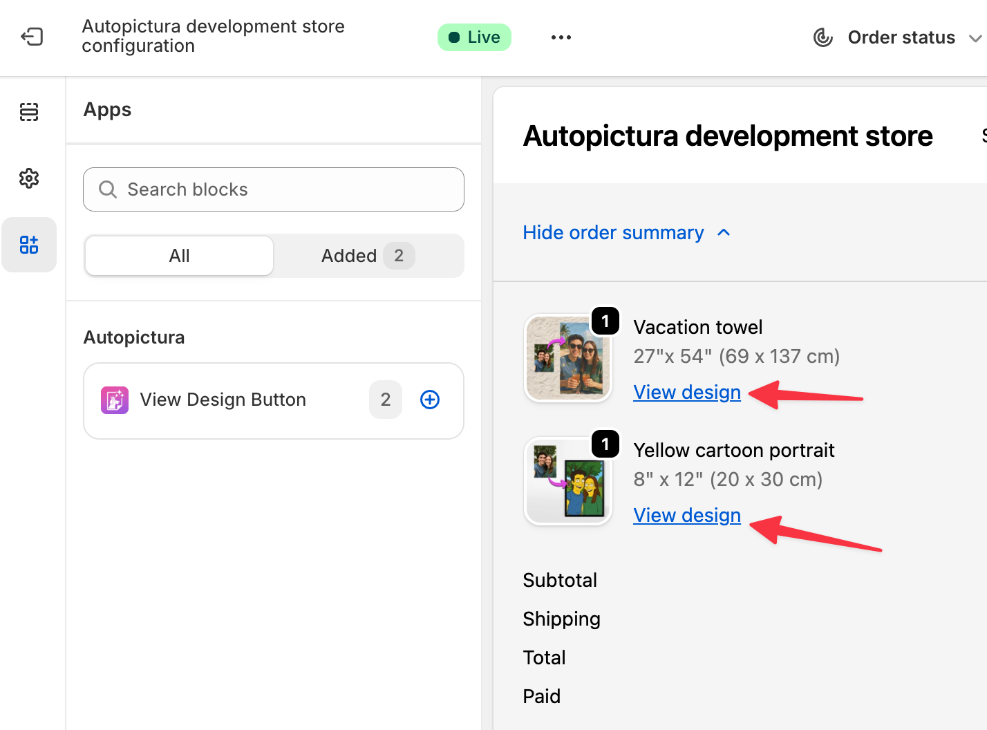 View design button on the storefront